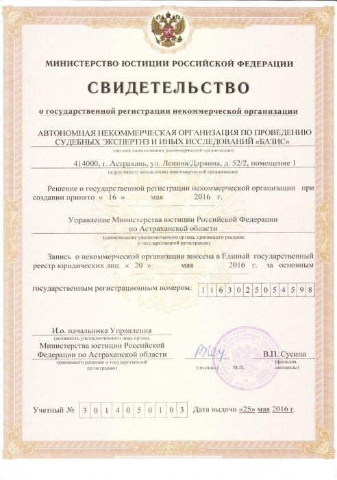 Свидетельство о гос.регистрации некоммерческой организации
